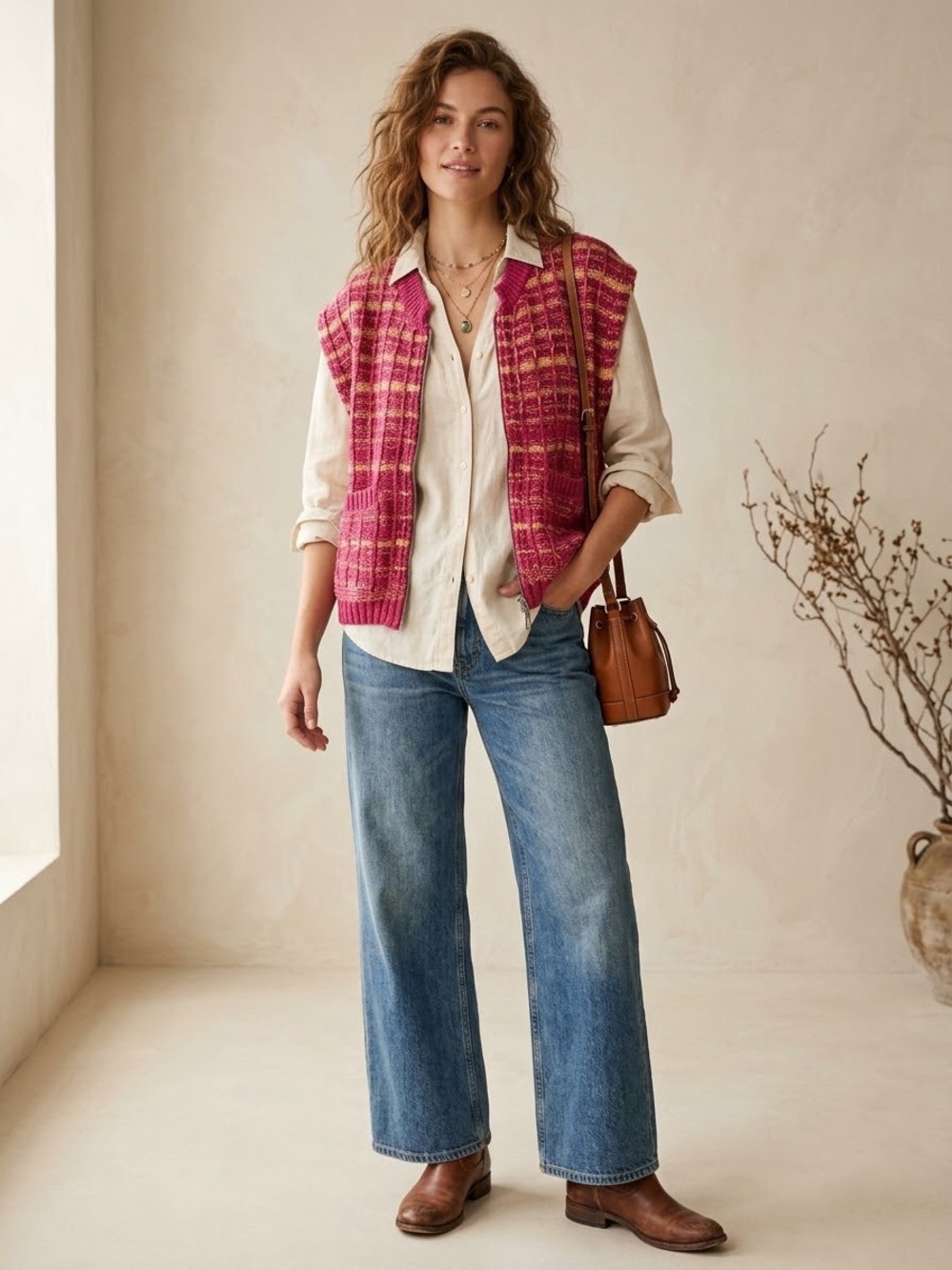 💗 Maeve Anthropologie Pink & Yellow Plaid Zip Front Sweater Vest Womens M